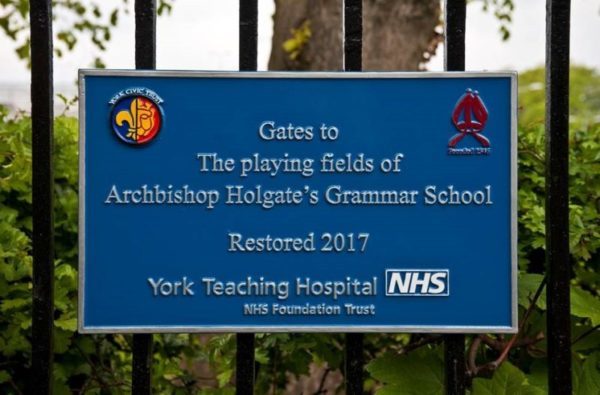 Plaque on the gates of Holgate Grammar School